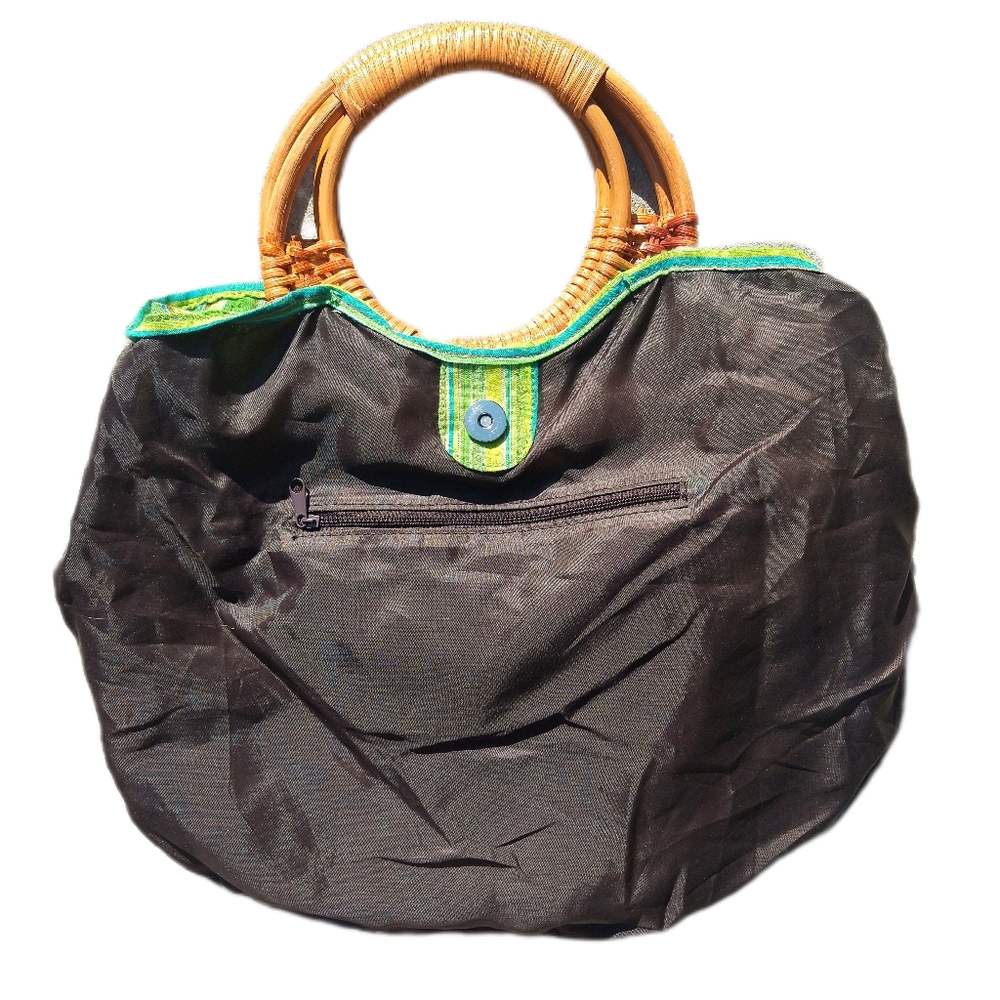 EUC, Colorful stripe bag with wicker handle, green, aqua, brown - Picture 3 of 5